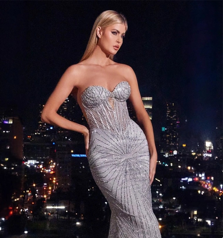 Model wearing a silver gown